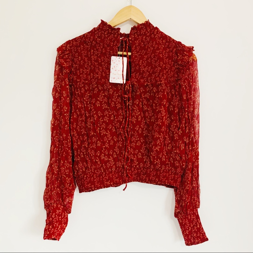Free People Roma Boho Peasant Blouse Sheer Smocked